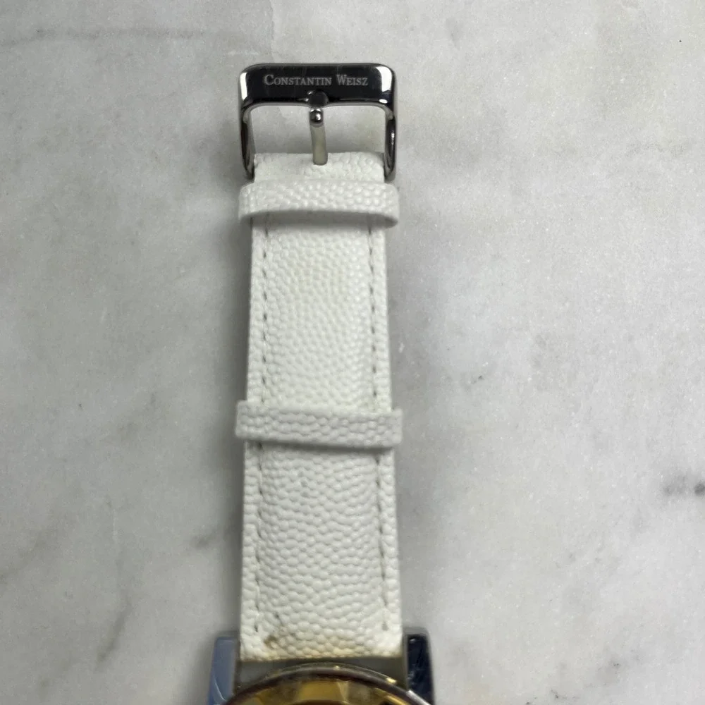 Constantin Weisz Skeleton Automatic Watch Men 42mm White Leather Gold Silver